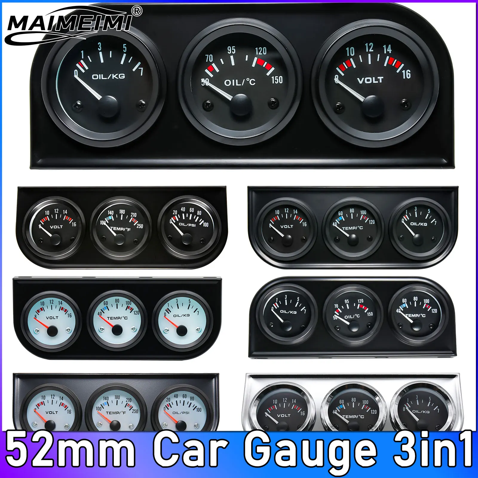 

52 мм автомобильный манометр 3 в 1, давление давления масла, напряжение/температура воды/температура масла, черный хромированный каркас, тройной измерительный датчик 10 мм 1/8NPT