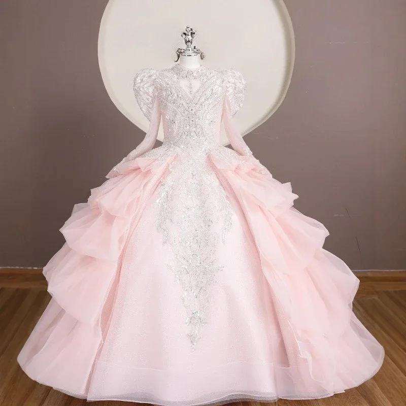 Flower Pink Princess Party Dress for Girls Kids Birthday Girl Children Gown Host Singing Performance Pageant Formal Dresses