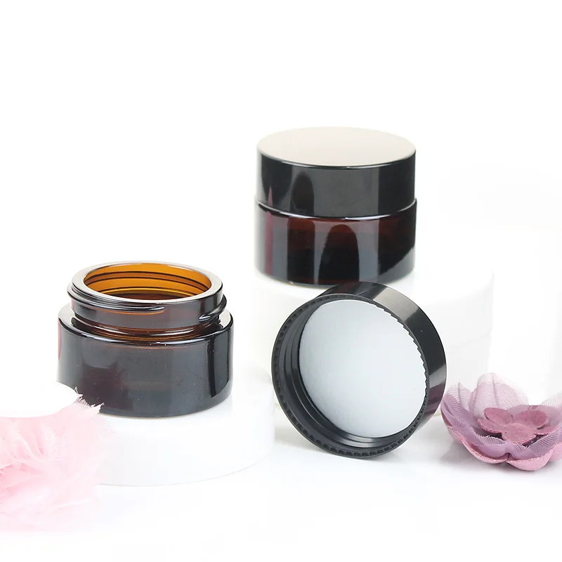 20pcs 5ml 10ml 15ml 20ml 30ml Mini Amber Glass Candle Jars Empty Cosmetic Face Cream Jar Sample Loose Powder Pot with Black Lid