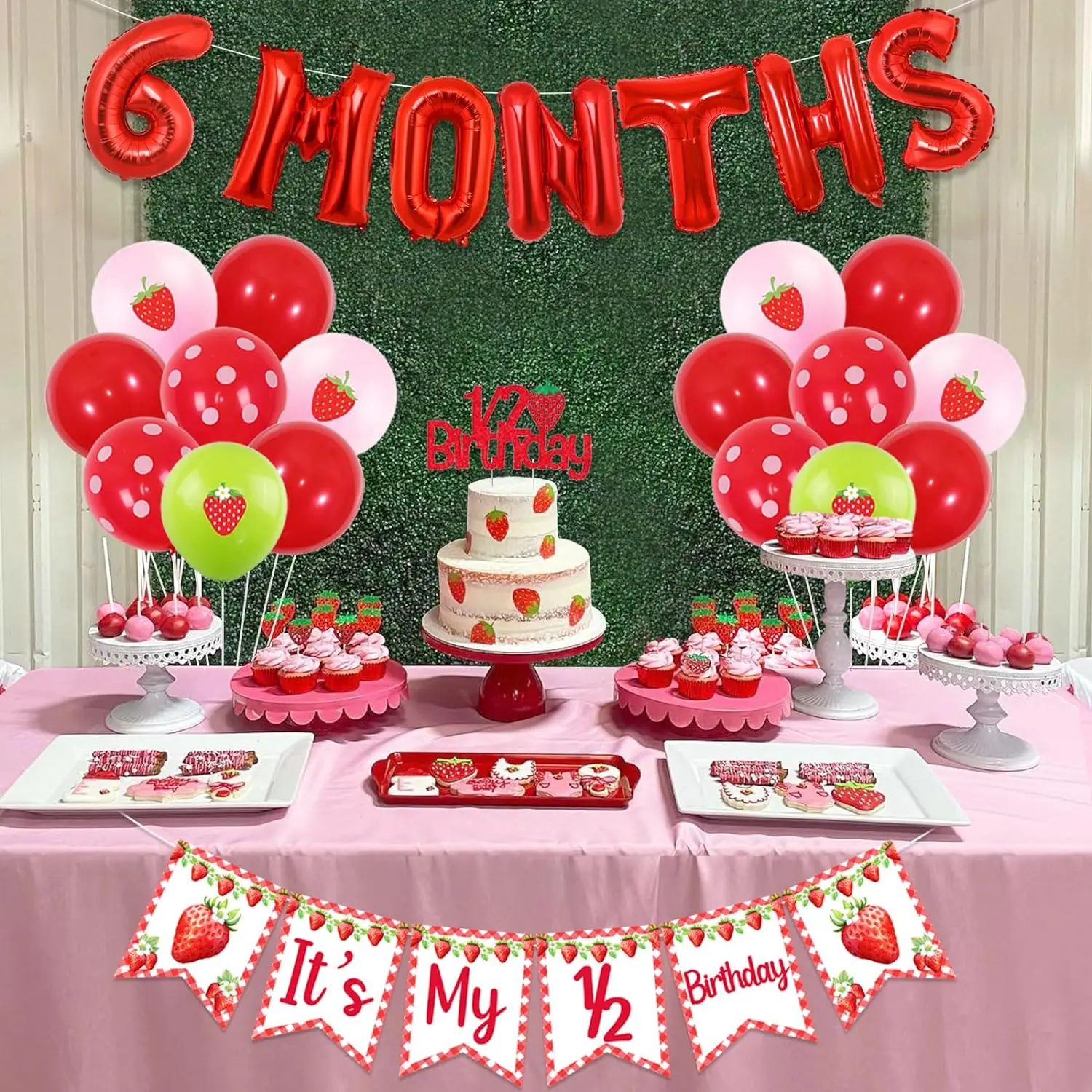 Strawberry Half Birthday Decor It’s My 1/2 Birthday Banner 6 Months Balloons Cake Topper for Girls 1/2 Birthday Party Supplies