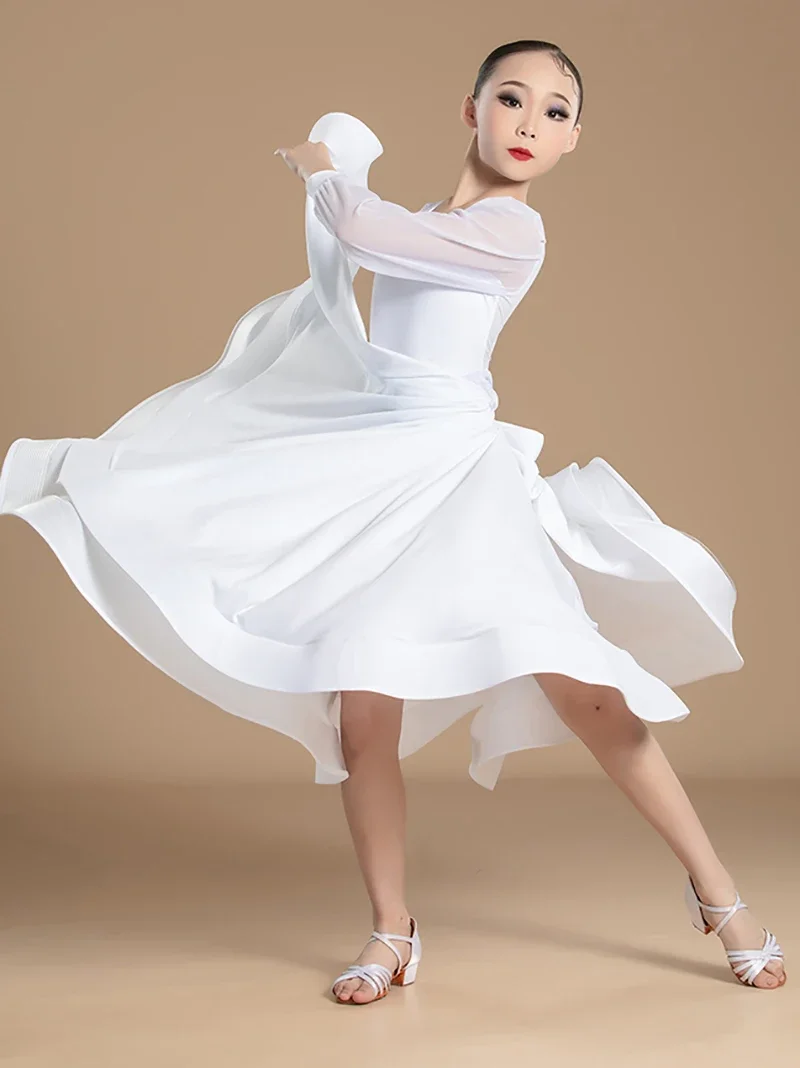 キッズガールズモダン社交ダンスウェア子供長袖ボディスーツと大きなスカート国家標準パフォーマンスダンス衣装
