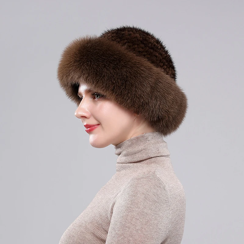 2024 New Girls Quality Soft Genuine Mink Fur Hats Women Winter Luxury Knitted Real Mink Fur Bomber Hat Natural Warm Fox Fur Cap