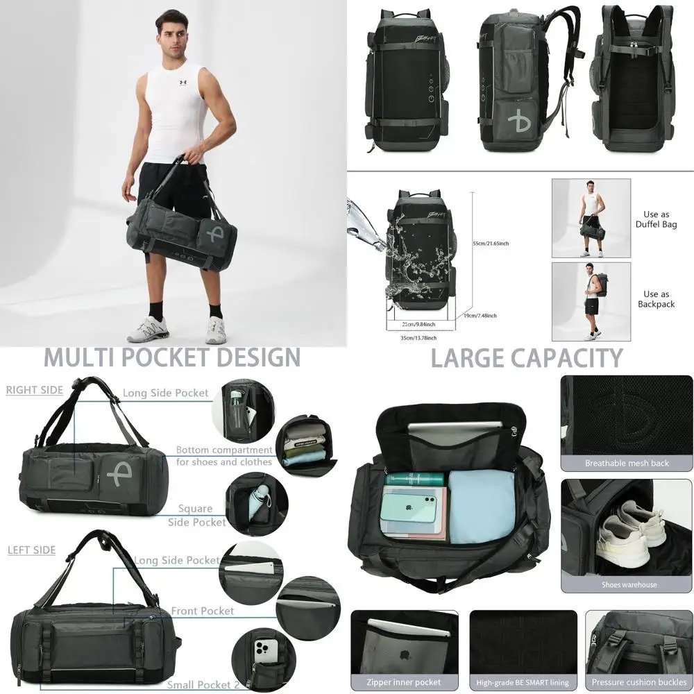 

40L Waterproof Large Convertible Gym and Travel Backpack with Shoe Compartment for Men