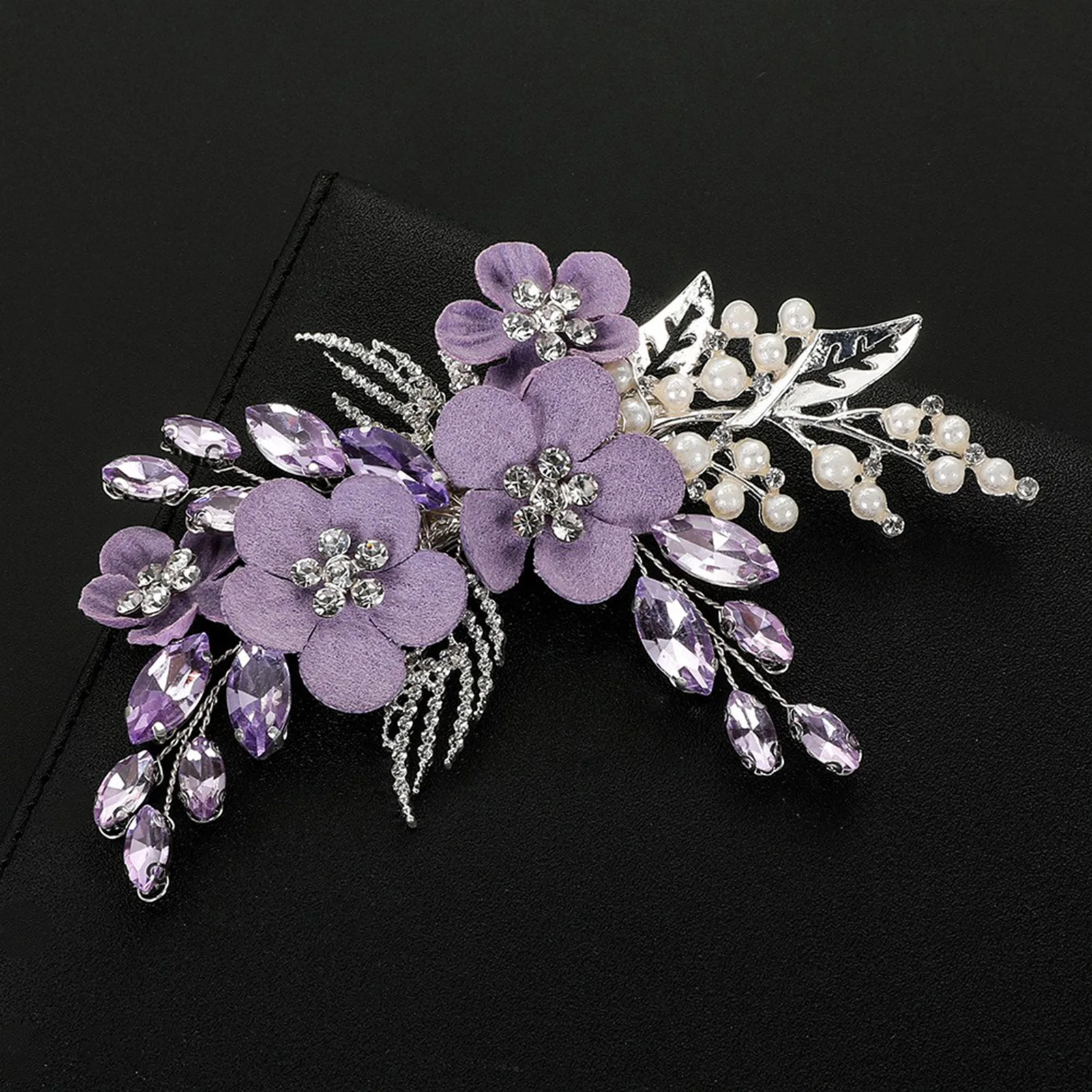 Haarspange aus Legierung mit lila Blumen-Strass-Kristall-Akzent, sichere Metall-Haarspange für Hochzeitsfeiern und Fotoshootings für Bräute – Detail 5