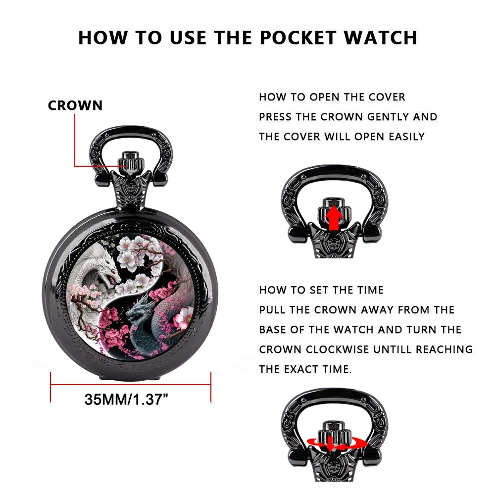 

Plumblossom Dragon Design Glass Dome Quartz Pocket Watch With Durable Chain Arabic Numeral Dial For Men And Women Creative Gifts
