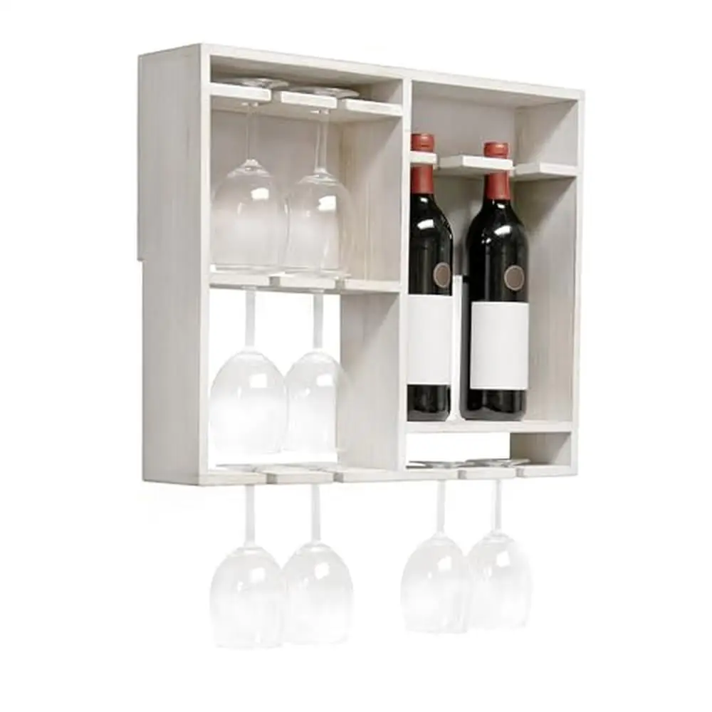 Wall Mounted Wine Rack Shelf Stemware Holder Dining Room Bar Kitchen White Wash Holds 2 Wine Bottles and 8 Glasses Rustic