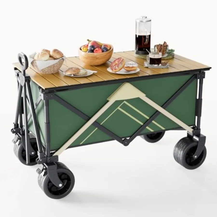 

Foldable Wagon with Table Top for Beach Camping Sports Garden Grocery Green Big Wheels