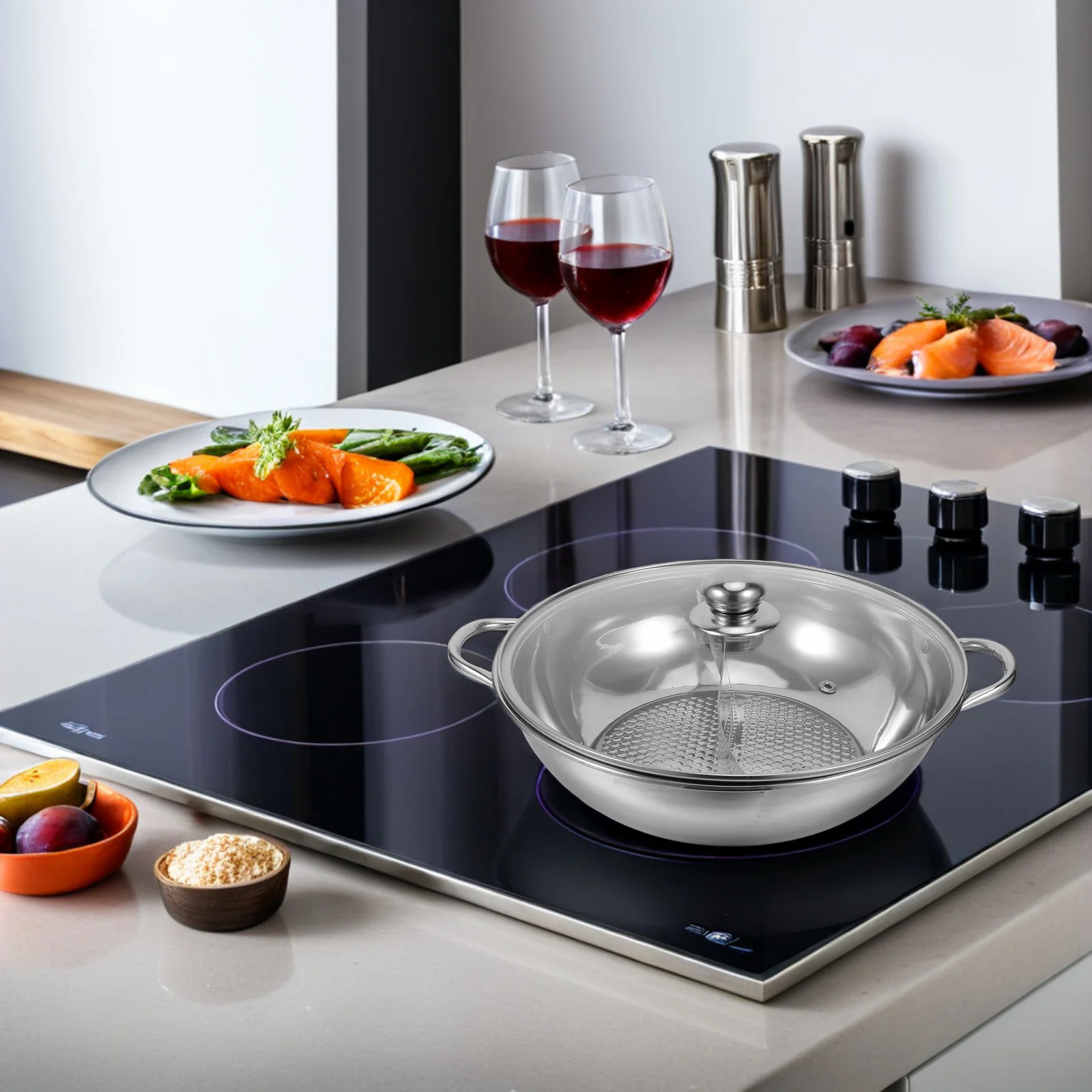 

12 Inch Stainless Steel Divided Hot Pot Dual Sided Soup Stockpot Double Handles Chinese Hotpot Cookware Anti-Sticking Bottom