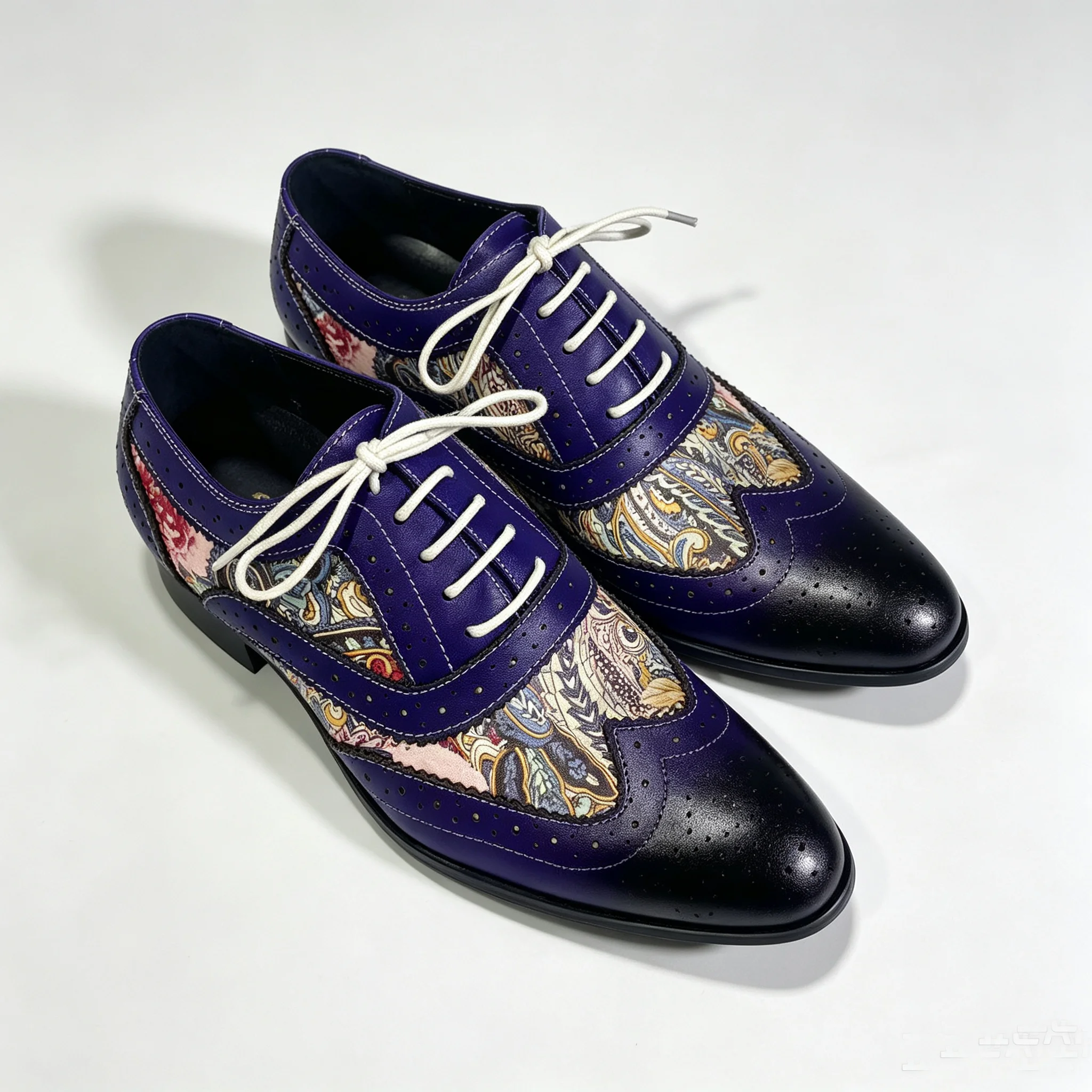 Men Wingtip Brogue Oxford Shoes Paisley Floral Patchwork Leather Dress Shoes Gradient Toe Lace Up Formal Party Wedding Footwear
