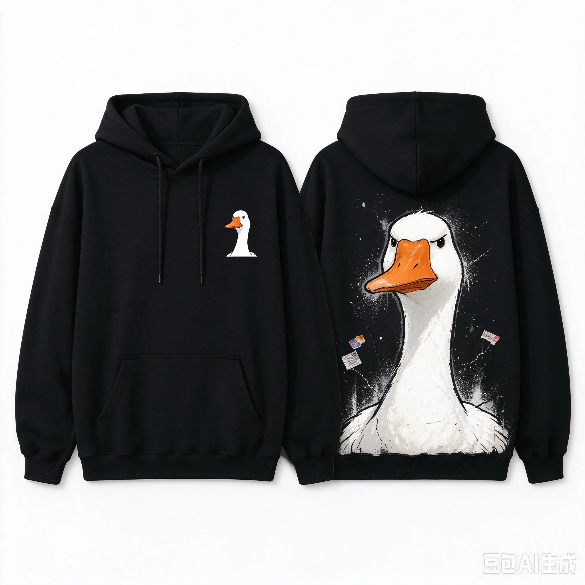 Men's Loose Drawstring Hoodie, Right Chest Small Goose Logo, Back Big Goose Head Graphic Pullover, Streetwear Casual Sweatshirt