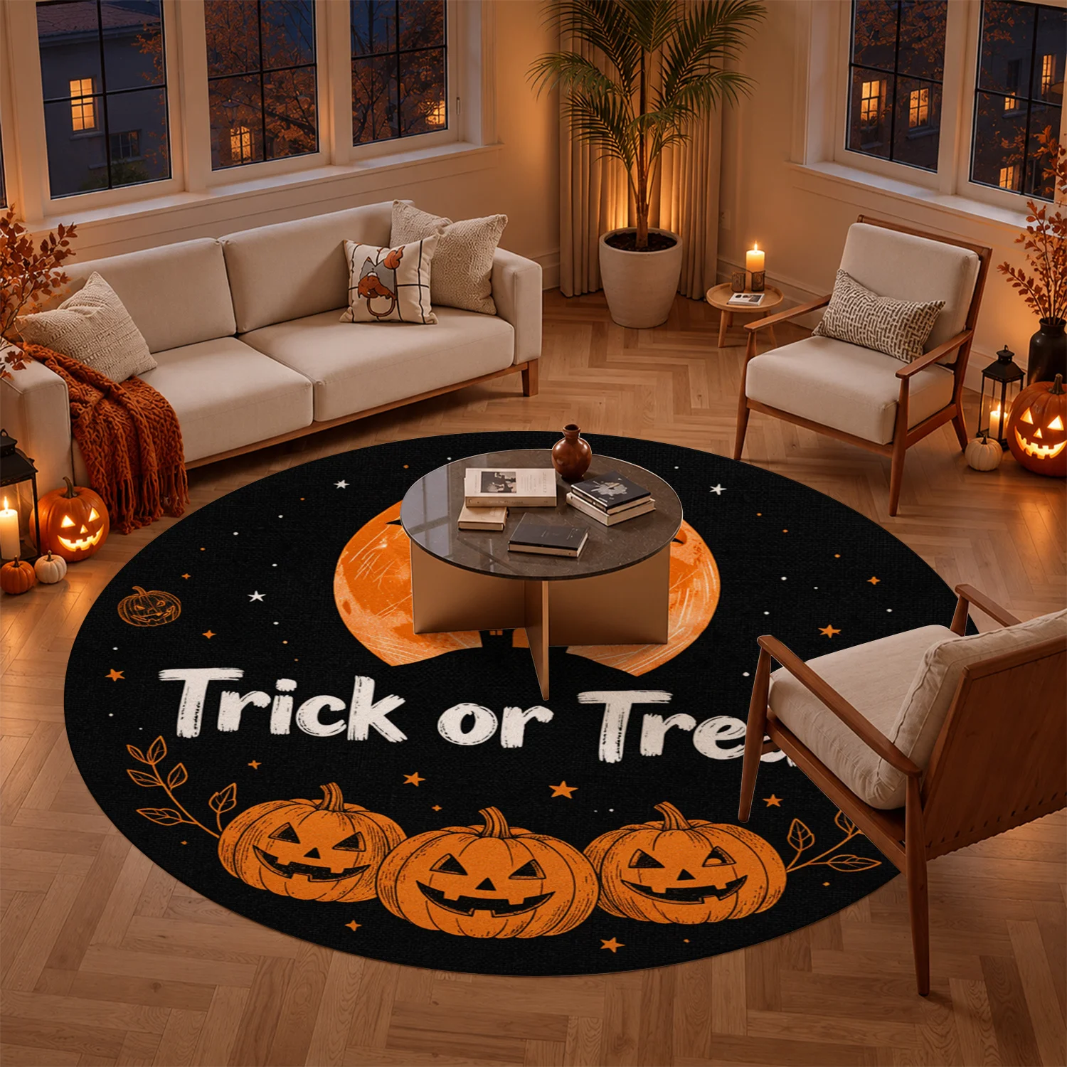 Halloween Pumpkin Haunted Castle Bat Design Round Velvet Rug, Machine Washable, Ideal for Living Room, Bedroom, Entryway, Perfect for Halloween, Thanksgiving, Christmas, New Year, Great for Black Friday, Cyber Monday Home Decor