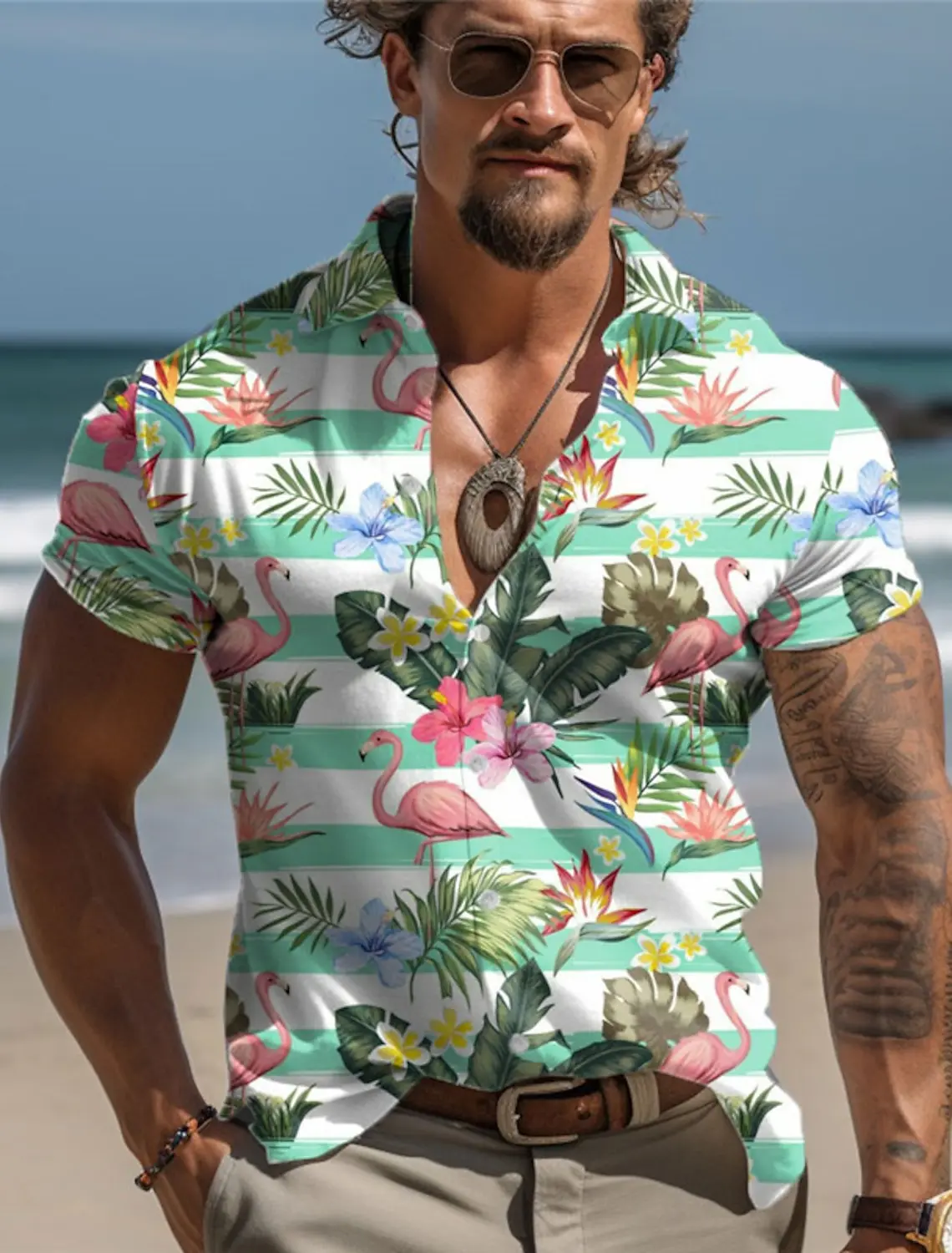 2024 Flamingos Casual Men\'s Shirt Outdoor Street Casual Daily Summer Turndown Short Sleeve Pink Blue Green Hawaiian Style Shirt