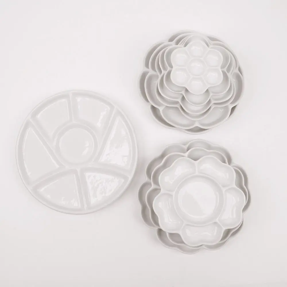 

6/7/8/9 Grids Ceramic Paint Palette Portable Reusable Paint Palette Tray Flower Shaped Round Shaped Mixing Colour Tray