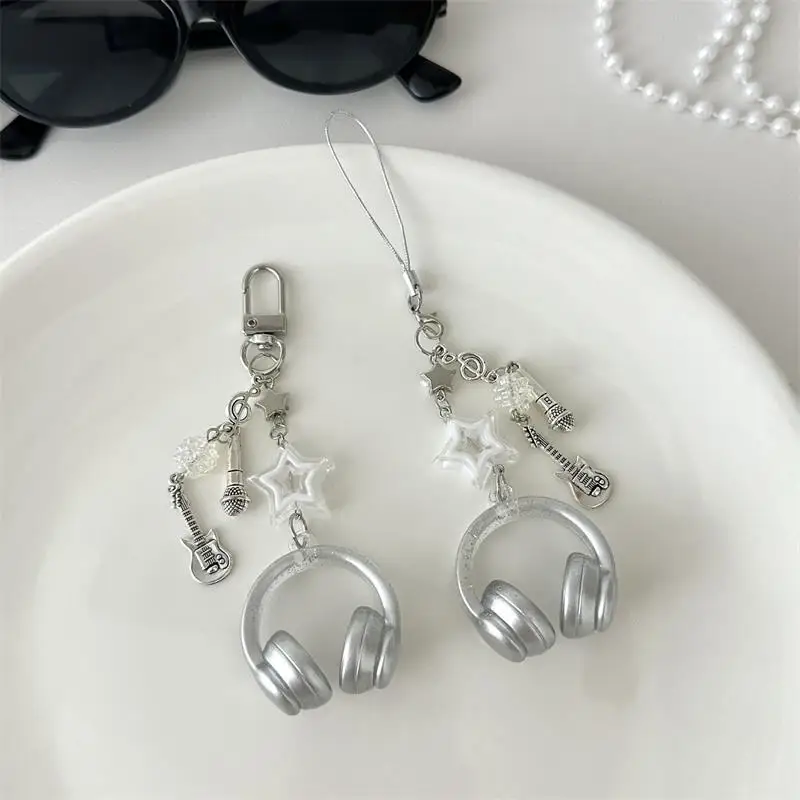 لطيف بريق سماعة على شكل المفاتيح ستار الغيتار ميكروفون قلادة سلسلة هواتف الحبل جرلي ظهره سحر حقيبة معلقة الهدايا #4