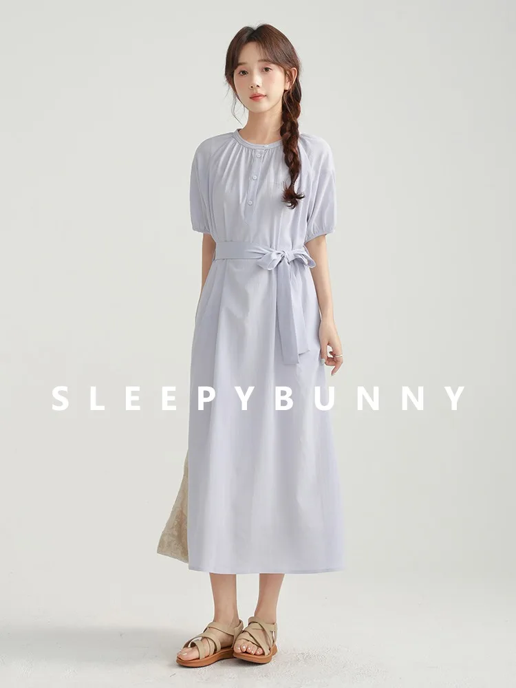 Elegant Blue Short Sleeve Maxi Dress Women French Belted Waist Slim Round Neck Gown Lightweight Flowy Dress Draped Silhouette