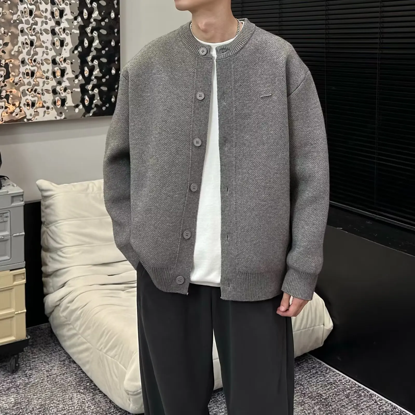 

Autumn New Baseball Collar Knitted Cardigan Solid Color Loose Casual Lazy Style Sweater Jacket Unisex