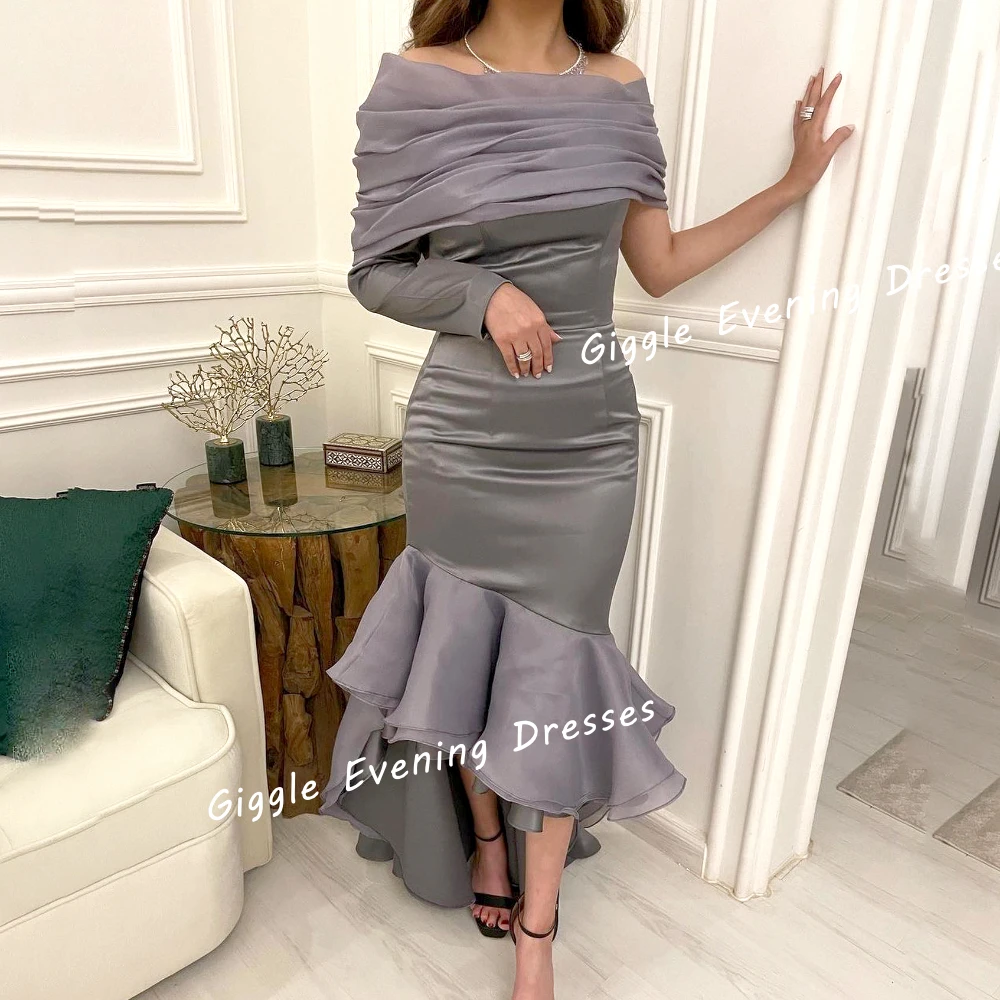 Giggle Satin Pleating Close-Fitting Prom Gown Saudi Arab Elegance Boat-Neck Ankle-Length Evening Party Dresses for Women 2024