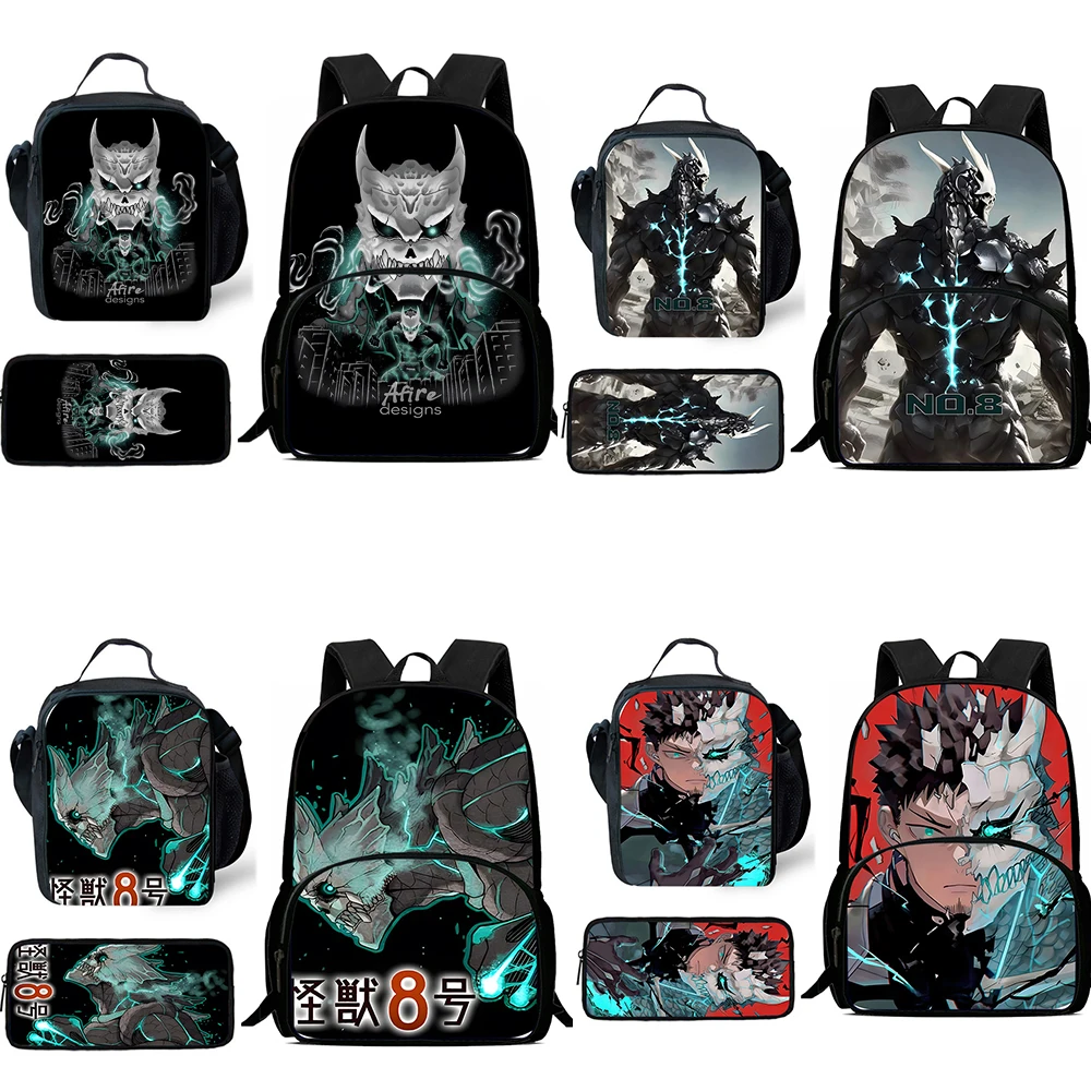 Cool Anime Kaiju No. 8 Child Backpacks Lunch Bag Pencil Case Pupil Large Capacity School Bags For Boy Girl Best Gift