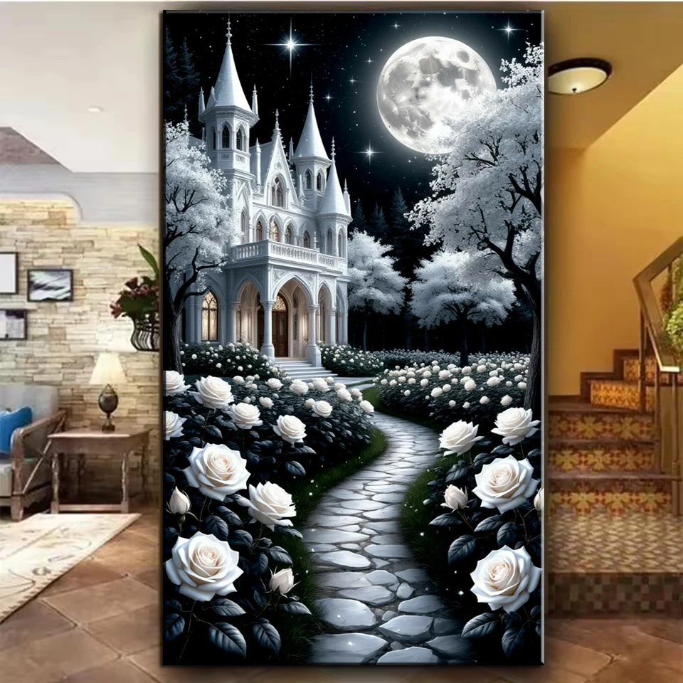 

Large 5D DIY Diamond Painting White Rose Castle Landscape Full Square Round Diamond Art Embroidery Mosaic Jewelry Coss Stitch