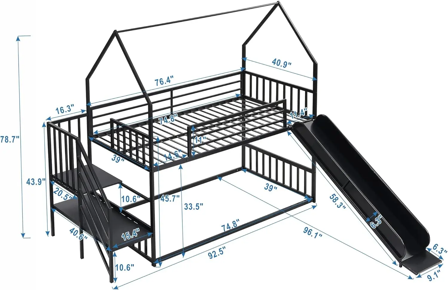 Harper & Heldere Ontwerpen Twin Over Twee Metalen Stapelbed Met Glijbaan En Trap, Laag Stapelbed Voor Kinderen, Vloer Stapelbed,