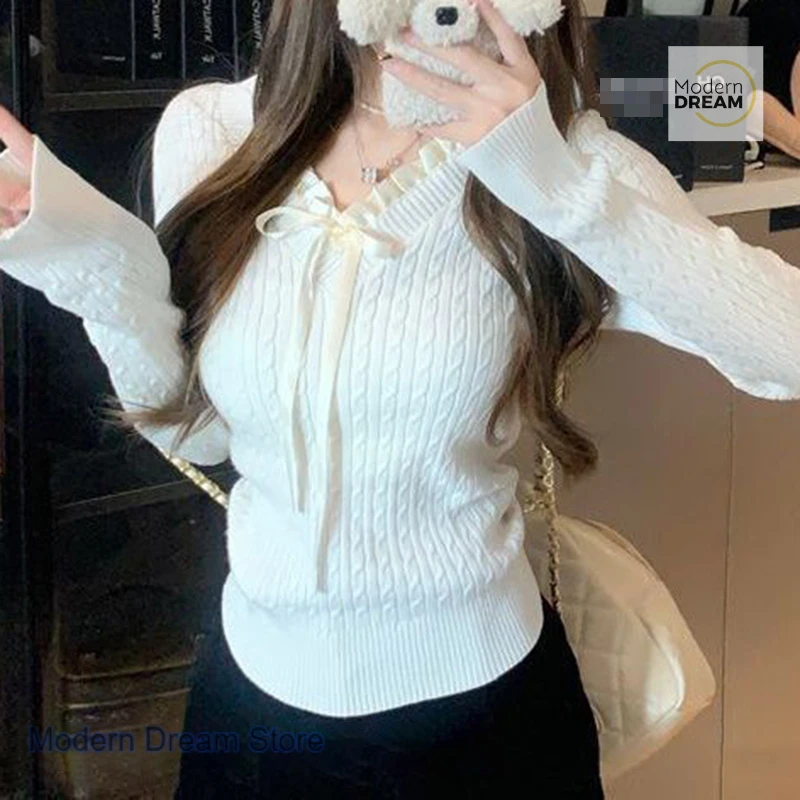 

French style wild bow tie V-neck knitted sweater women's spring and autumn new sweet slim bottoming shirt long sleeve top
