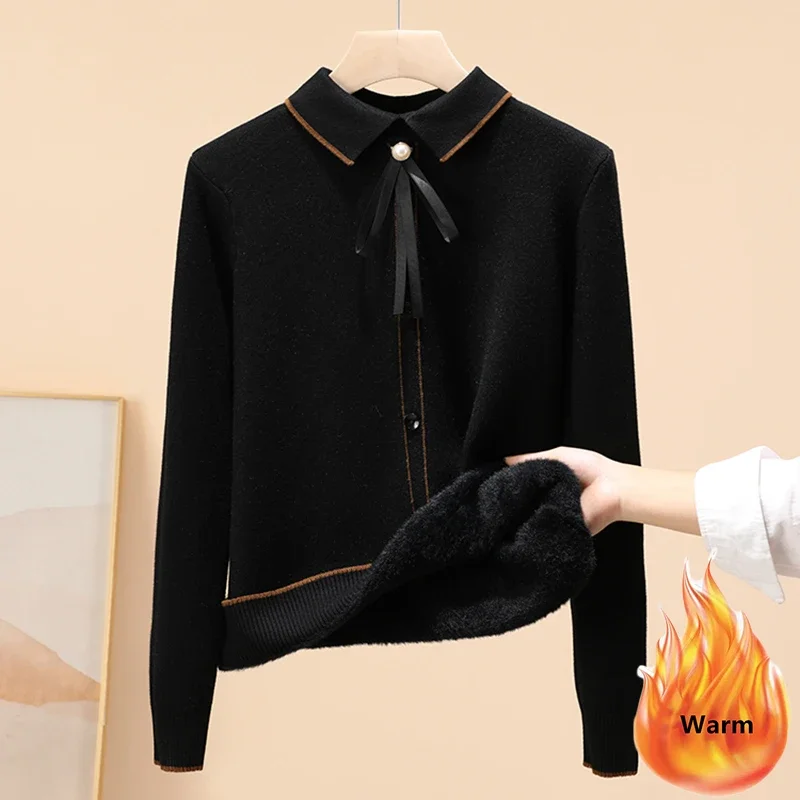 Winter Thicken Polo Collar Knitted Sweaters Womens Plus Velvet Korean Sweet Casual Pullover Sueter Warm Slim Crochet Jumpers Q49