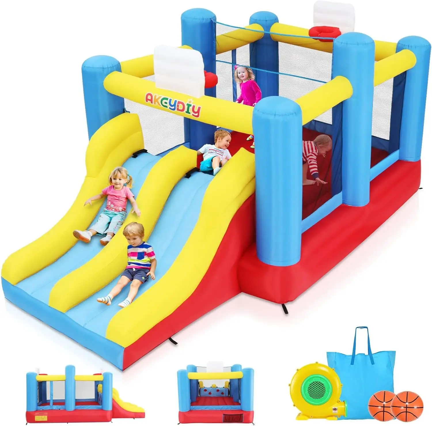 Inflatable Bounce House, Outdoor Indoor Bouncy House with Blower for Kids, Sports Ball Game Theme Park Bouncer w/Double