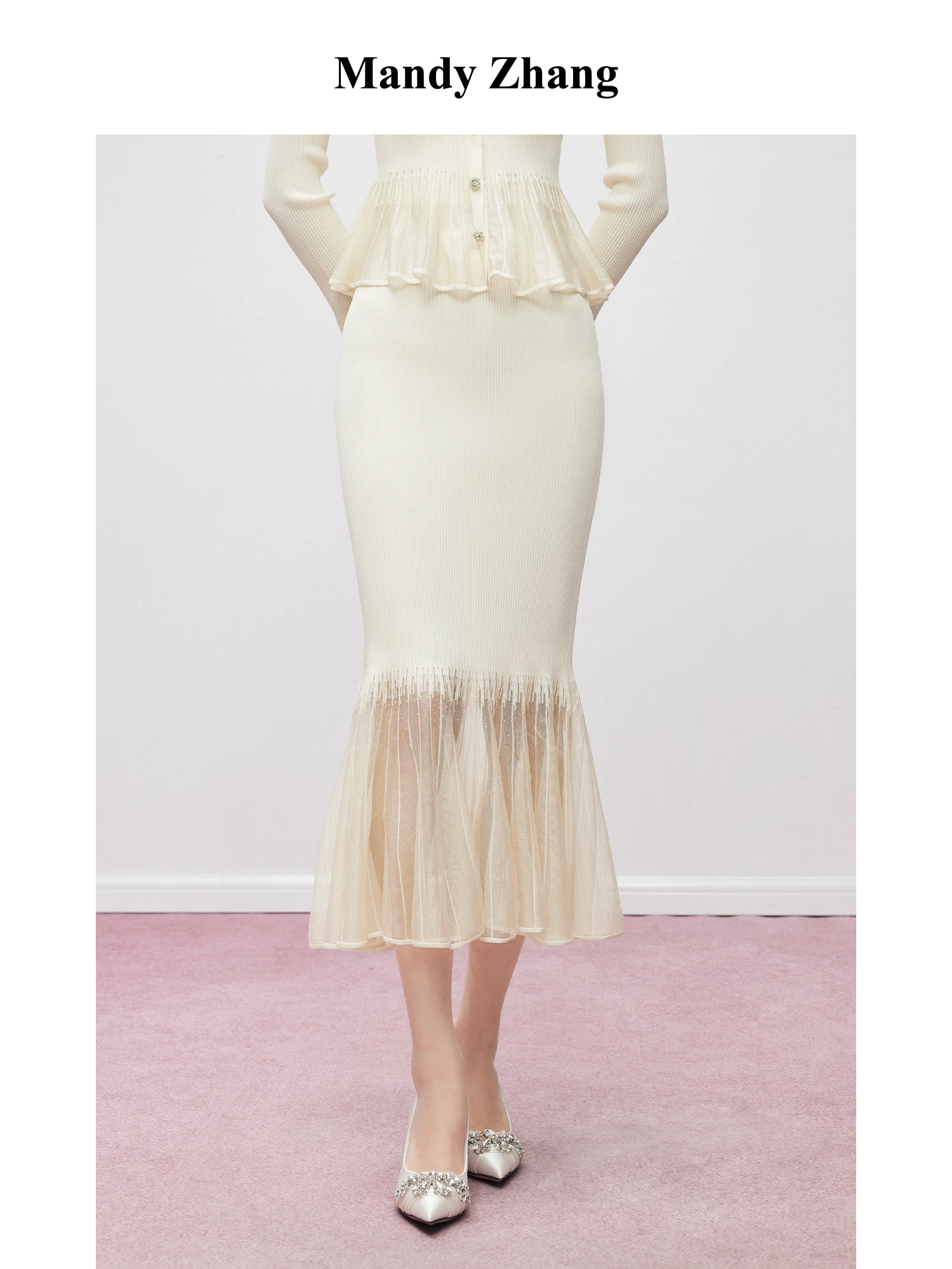 

MandyZhang Elegant Ogees Knitted Fish Tail Half Skirt Women's Spring Summer High Waist Sparkling Long Skirt City Commute Casu...