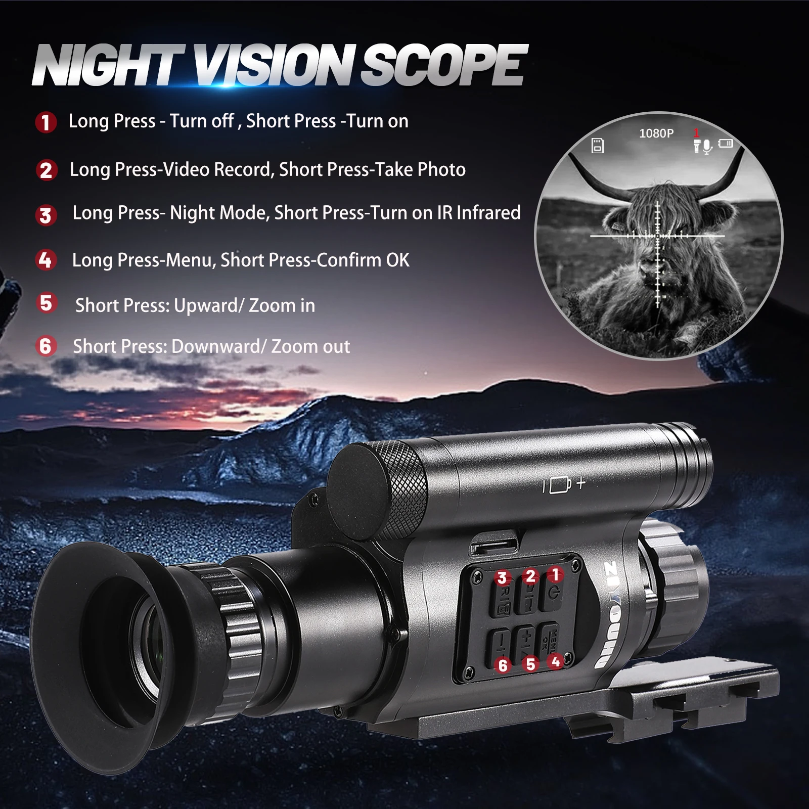 Imagem -06 - Ziyouhu-visão Noturna Digital Monocular Câmera de Vídeo hd 1080p Cursor de Mira Posição Alvo Camping Clip-on Nv075 Nova Chegada