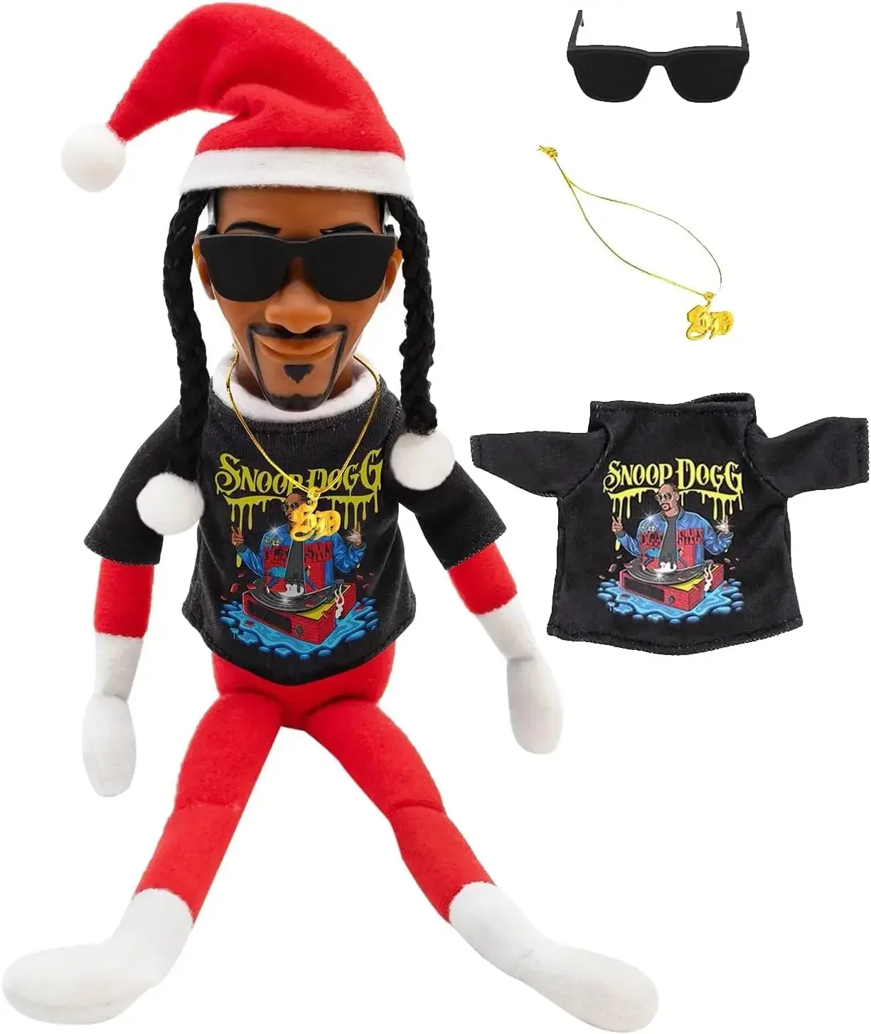 New Snoop Dogg Snoop on a Stoop Christmas Elf Doll 12” Plush Toys Shelf Decor Includes Elf Toy Tshirt Sunglasses and Necklace