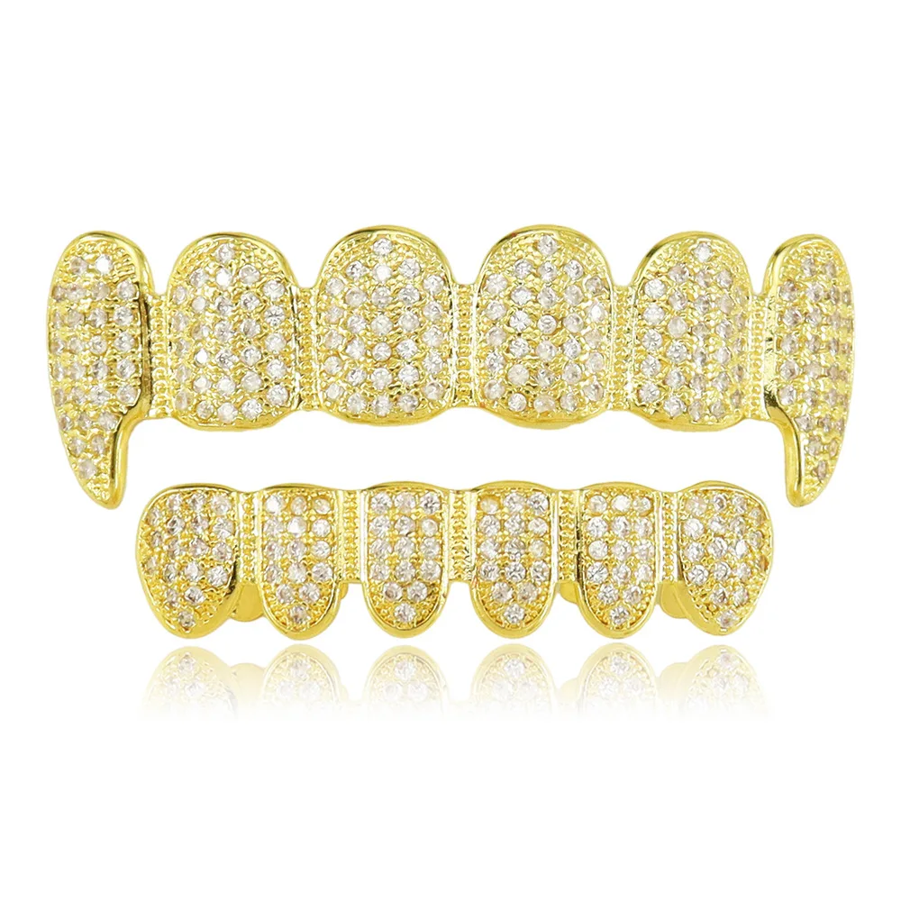 

1set Hip Hop Iced Out Teeth Grillz Gold Plated Dental Grills Rock Tooth Grillz Caps Crystal Teeth Caps Halloween Vampire Tooth