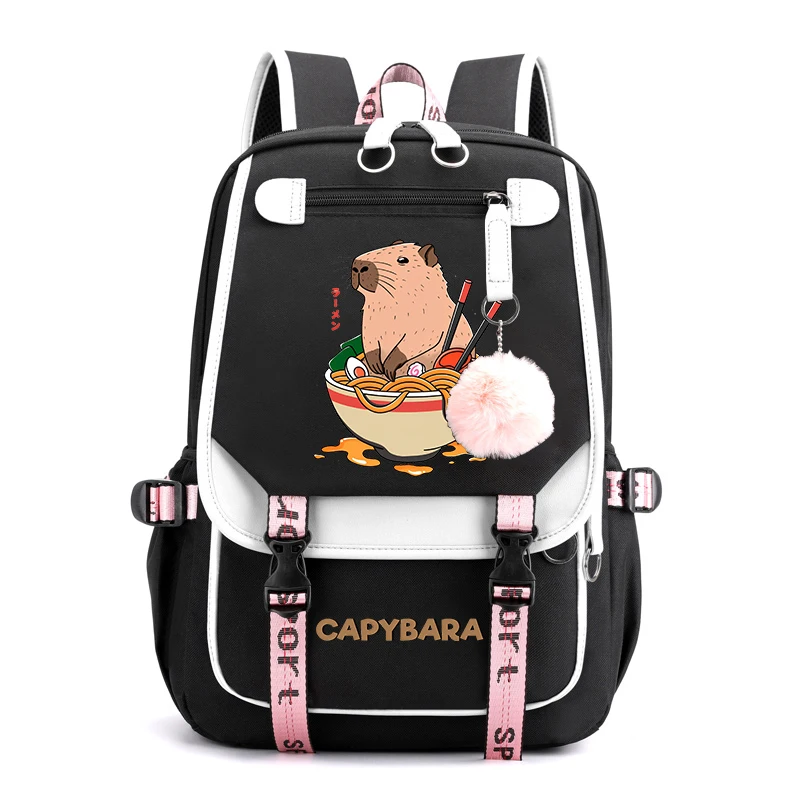 Cute Animal Capybara Printed Student Schoolbag Girls Black Backpack USB Travel Bag