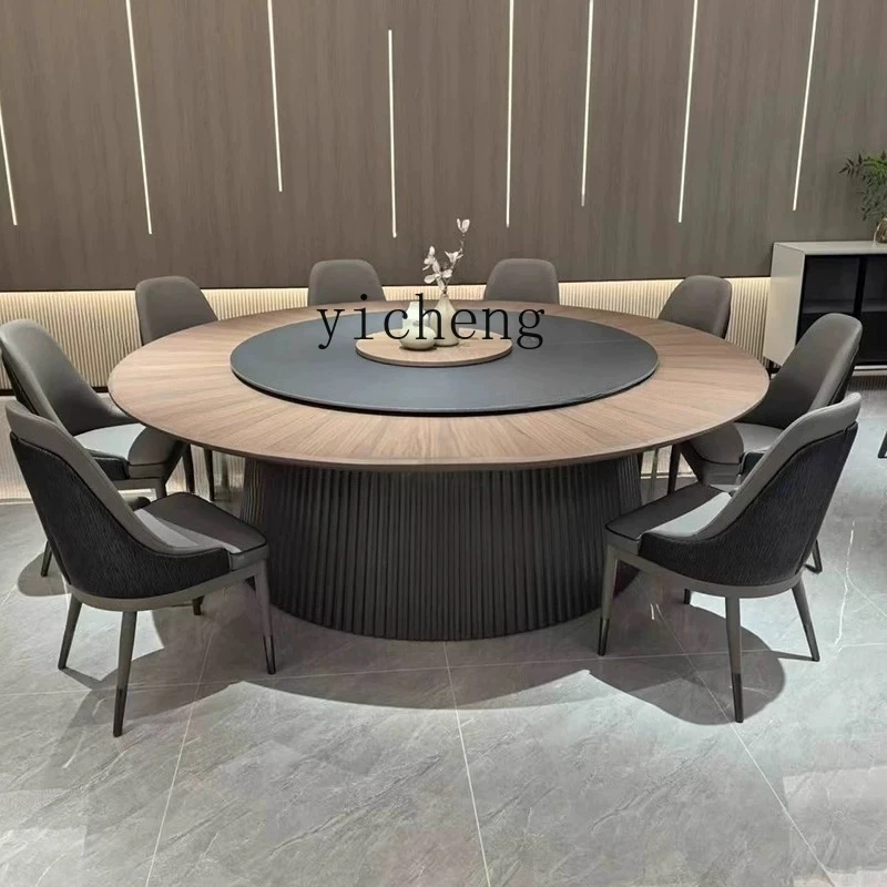 

HYS hotel large round table electric solid wood dining table and chairs with rock slab turntable
