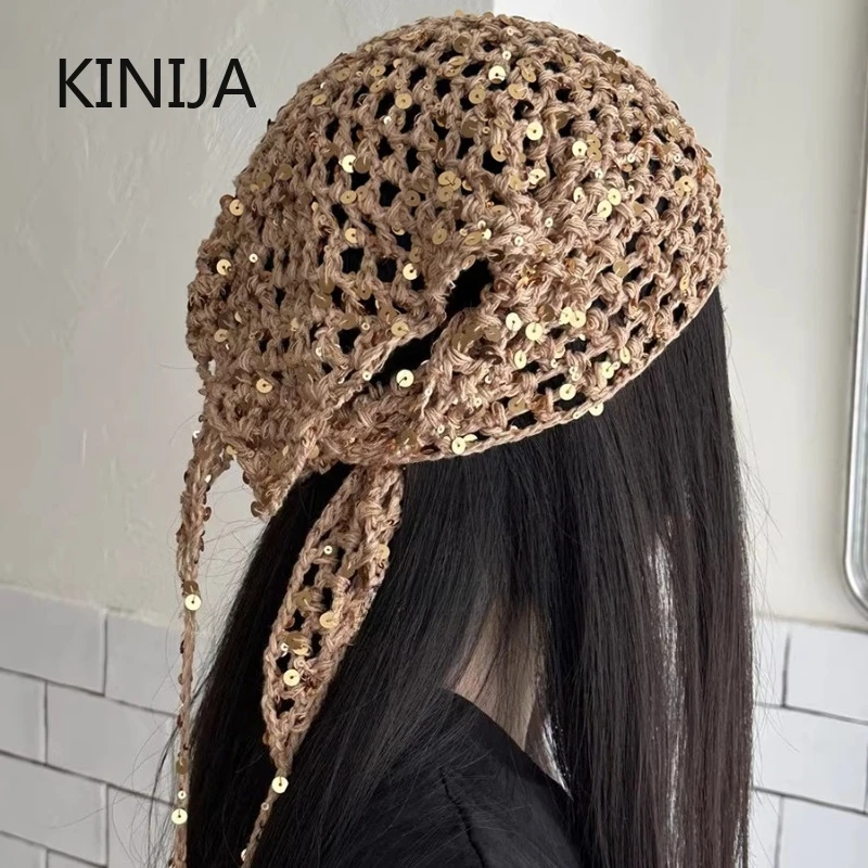 Ins Style Sequined Hollow Knitted Triangle Scarf Women Summer Travel Photo Atmosphere Versatile Casual Y2K Beanies Headband