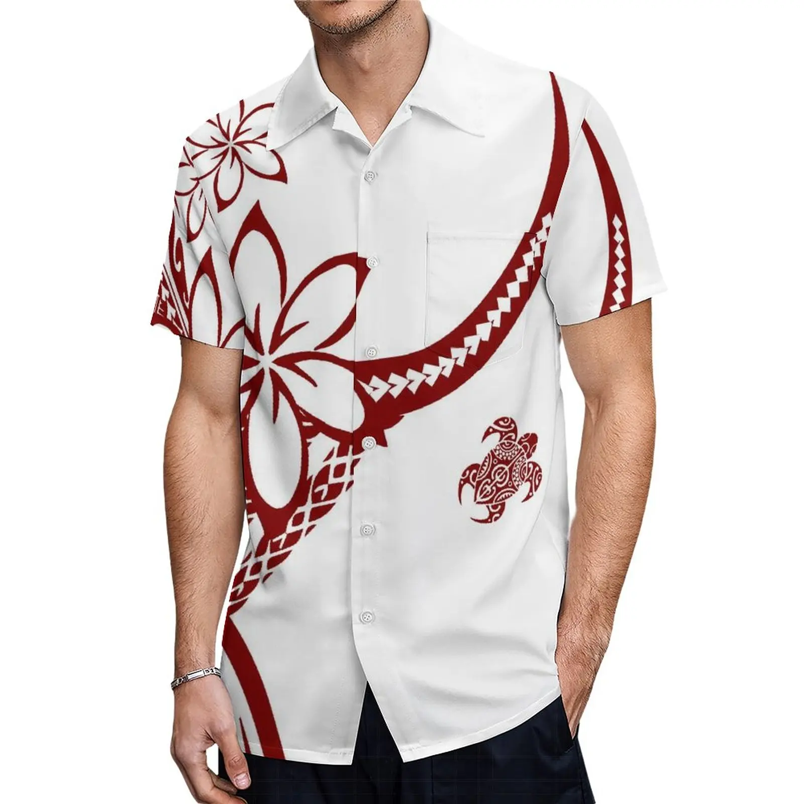 Hot Sales Summer Mens Short Sleeve Shirt Custom Polynesian White Button Shirts Plus Size Hawaiian  Men Shirts