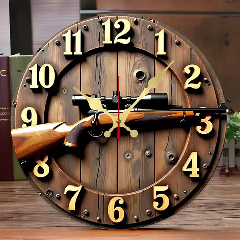 Winchester Rifle Wooden Round Silent Hanging Wall Clock, Suitable For Living Room, Office, Study Room, Bedroom, Home Decoration