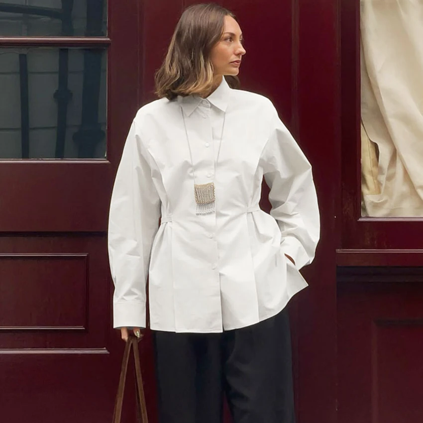 

Linad элегантная белая блузка с отложным воротником, женские уличные шикарные однобортные рубашки, осенние офисные женские топы на пуговицах, 2025