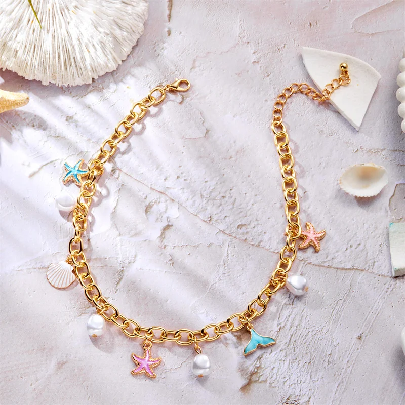 Boho Seestern Jakobsmuscheln Anhänger Halsband Halskette für Frauen Elegante Imitation Perle Quaste Halskette Ästhetische Party Schmuck Geschenk – Detail 12