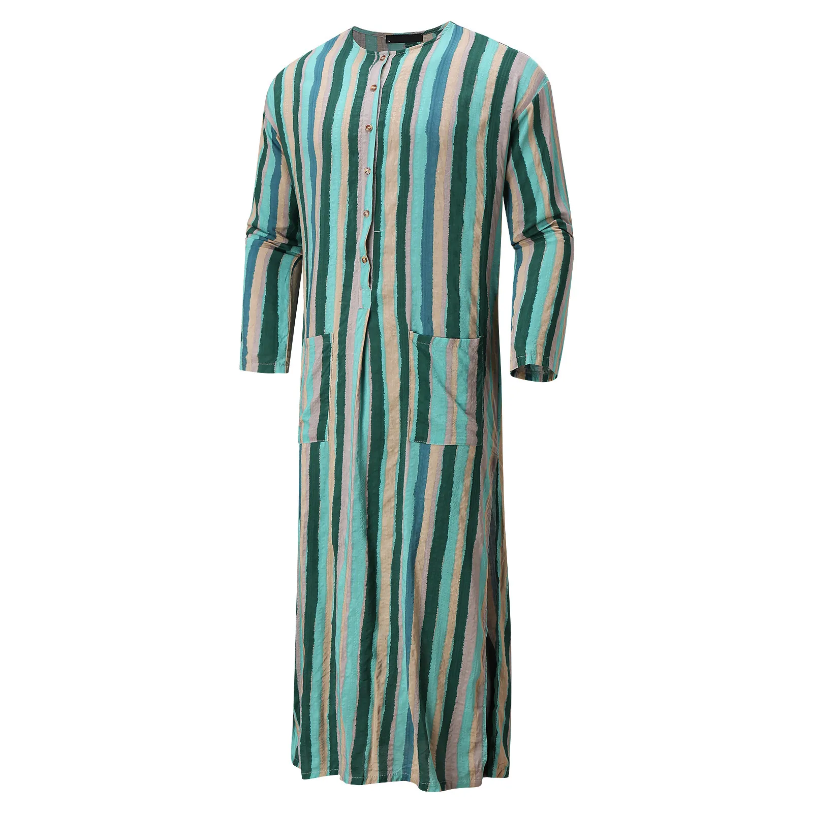 Men's Nightgown Robes Arabian Striped Shirt Ethnic Clothing Long Sleeves Retro Kimono House Skirt Cotton Bathrobe Lingerie