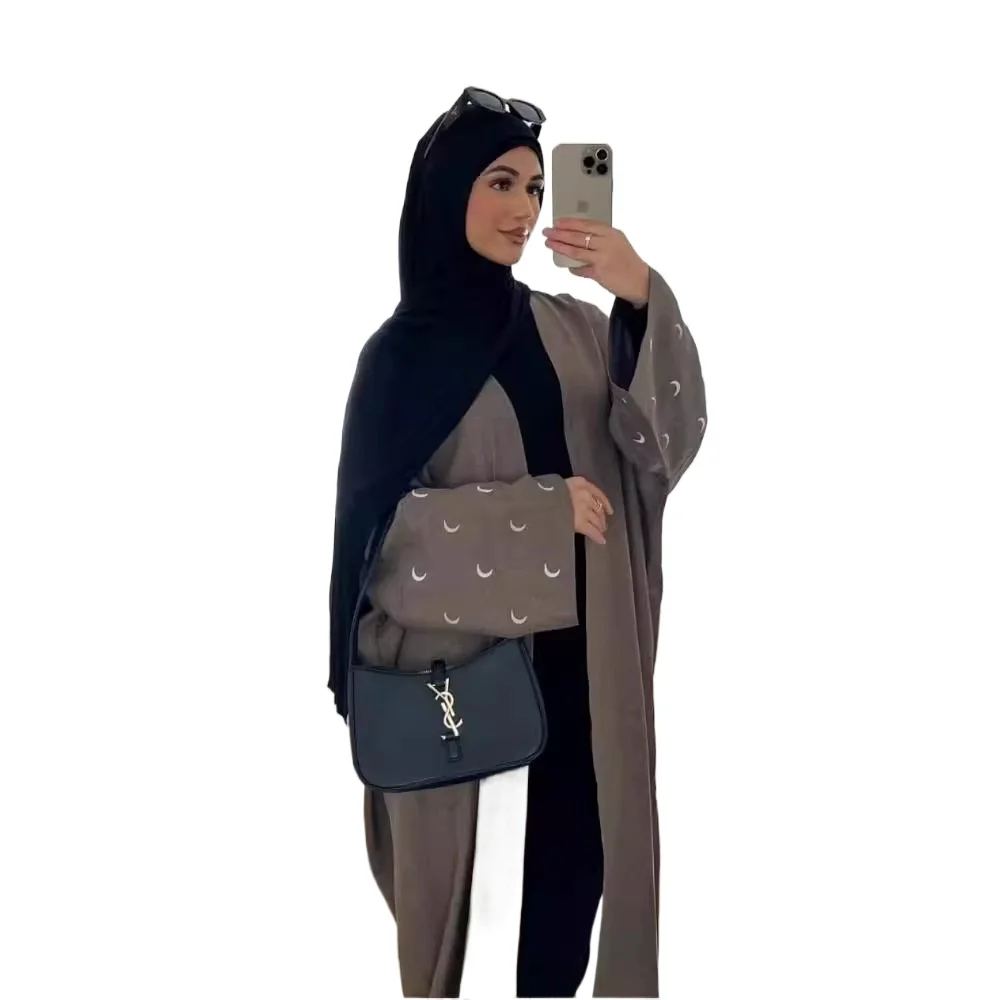 

Linen Open Abaya Moon Embroidery Kimono Saudi Abayas for Muslim Women Dubai Turkey Luxury Kaftan Hijab Dress Islamic Clothing