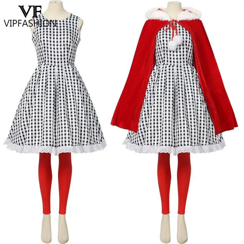 

VIP FASHION Women Little Red Riding Hood Cosplay Costume Set Gingham Sleeveless Dress with Cape Tights Christmas Party Outfit