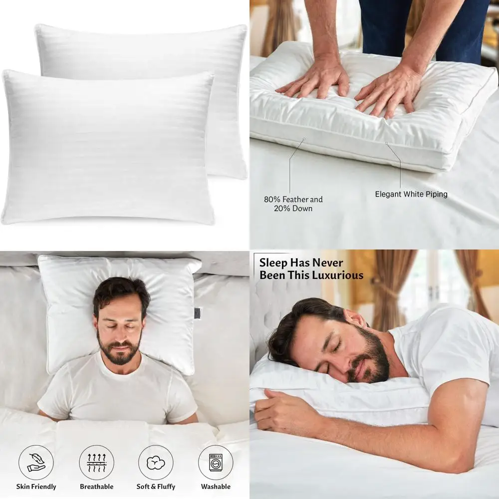 

King Size Down and Feather Pillows Set of 2, Luxurious Canadian White Goose Down, Hypoallergenic 100% Cotton Cover