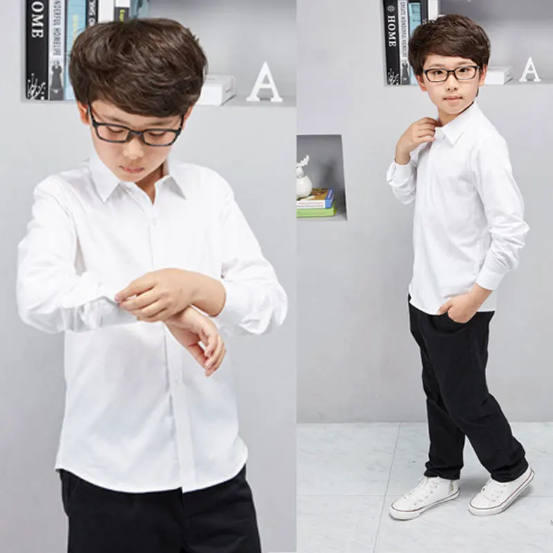 Boys' White Shirt Children's School Uniform Class Uniform Spring and Autumn Style Long Sleeved Pure Cotton Shirt