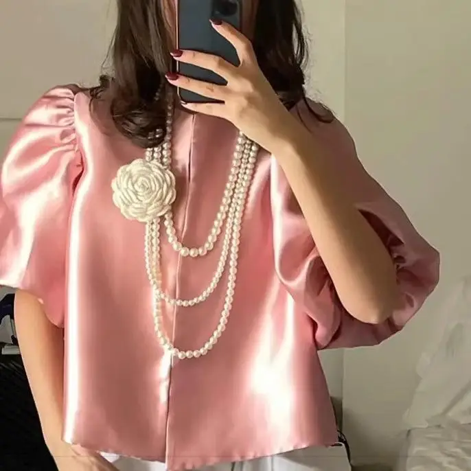 Lente 2025, Dames Faion Satijn Loose Bubble Sve Top Nieuwe collectie Grensoverschrijdende ort Lengte irt Europese Sle PU-materiaal