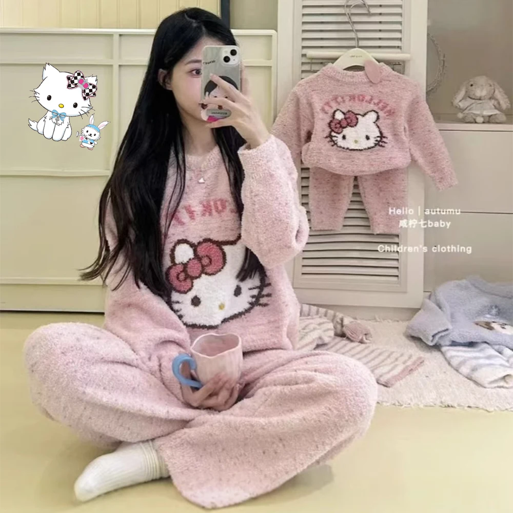 

Cartoon Hello Kitty Kawaii Children Girl Flannel Pajamas Sanrios Anime Fashion Cute Warm Long Sleeves Comfort Set Homewear Gift
