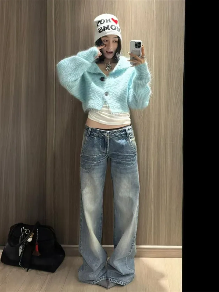 

American High Street Retro Blue Flared Jeans Women's Loose Slim Tall Extended Low Waist Pants Spring Autumn Washed Vintage