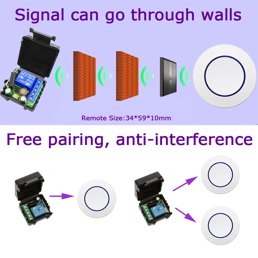 Interruttore di controllo remoto Wireless universale 433Mhz relè DC 12V 10A, Mini pulsante RF rotondo per luce/porta del Garage/serratura