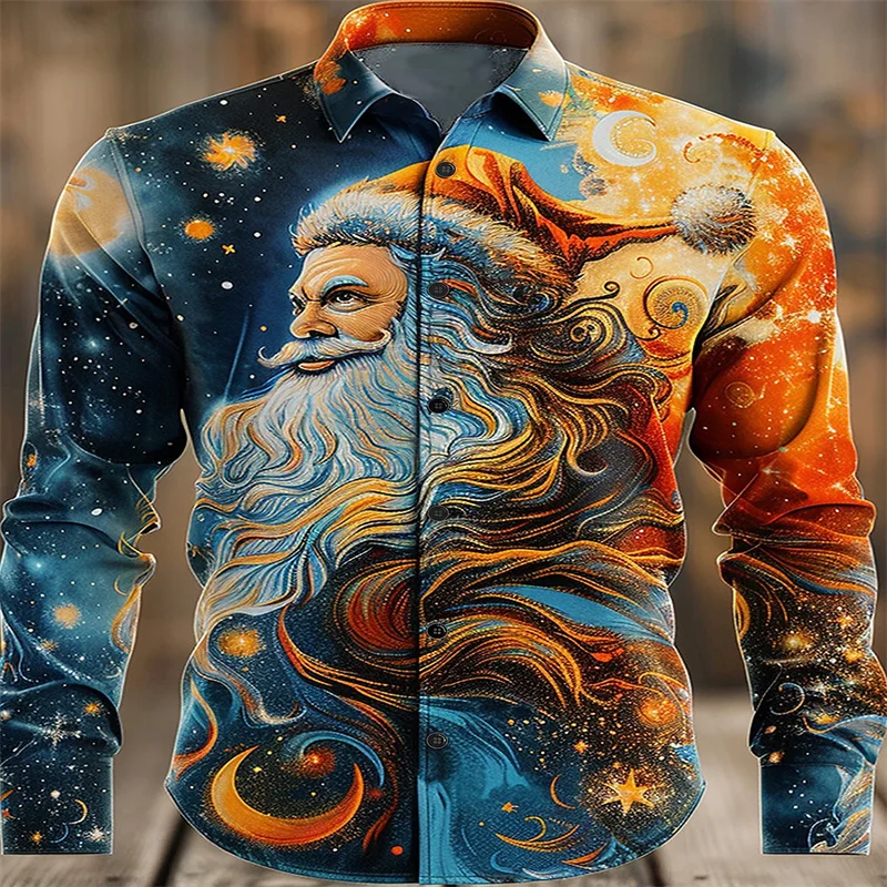 

Santa Claus Casual Men's Button Shirt Party Evening Everyday Autumn Winter Spring Summer Lapel Shirt 3D Printing Blue