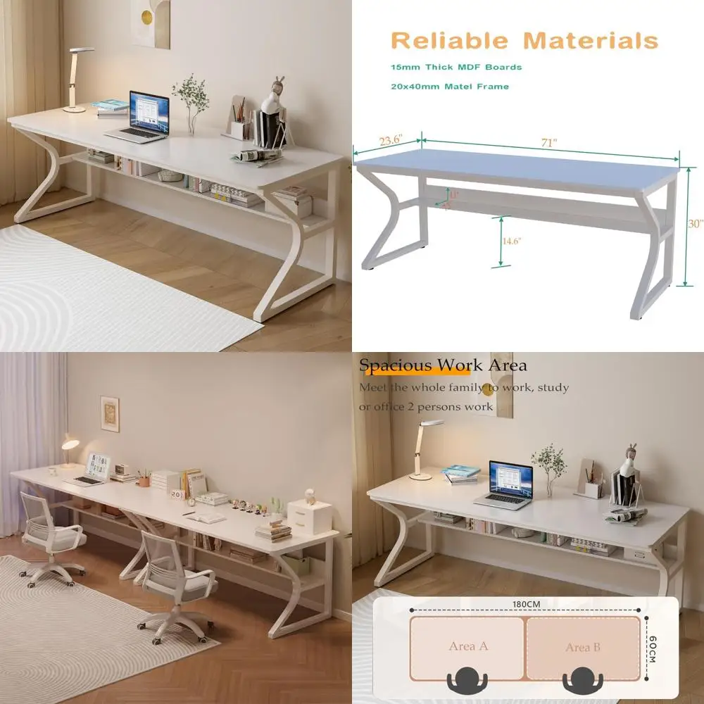 

Elegant 71 Dual-Person Study Desk with Built-In Bookshelf, Contemporary Home Office Computer Workstation