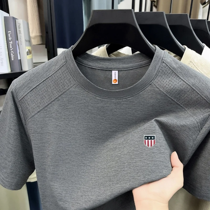 American Style Leisure Men New Summer Short-Sleeved T-Shirt Round Neck Vent Hole Stamp Trend T-Shirt Hot-Selling Men's Clothing